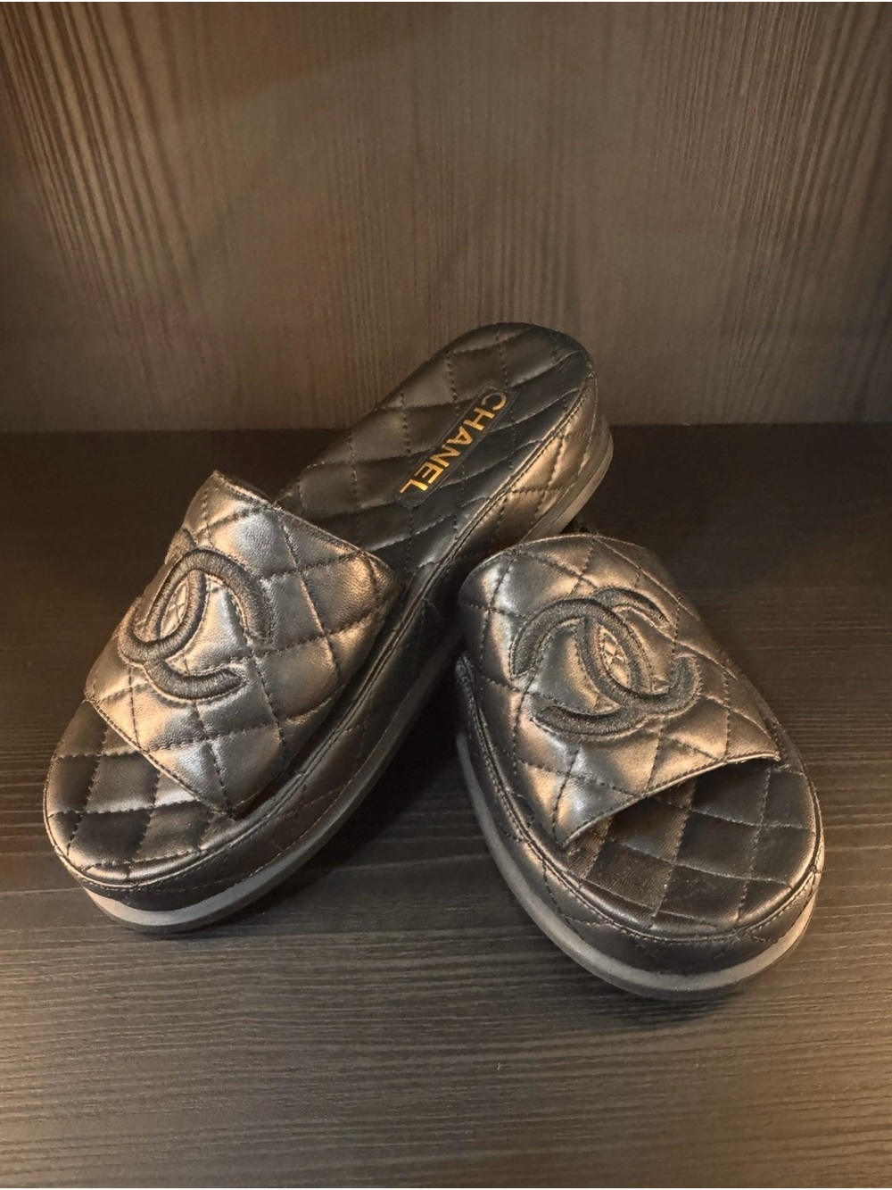 CHANEL Quilted Platform Slide Sandals - Black Leather